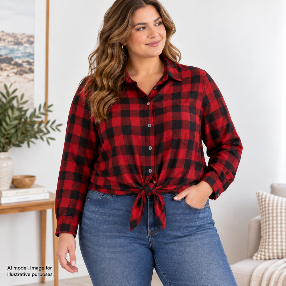 Madewell Shirt Womens XL Red Black Plaid Long Sleeve Button Tie Front Cotton